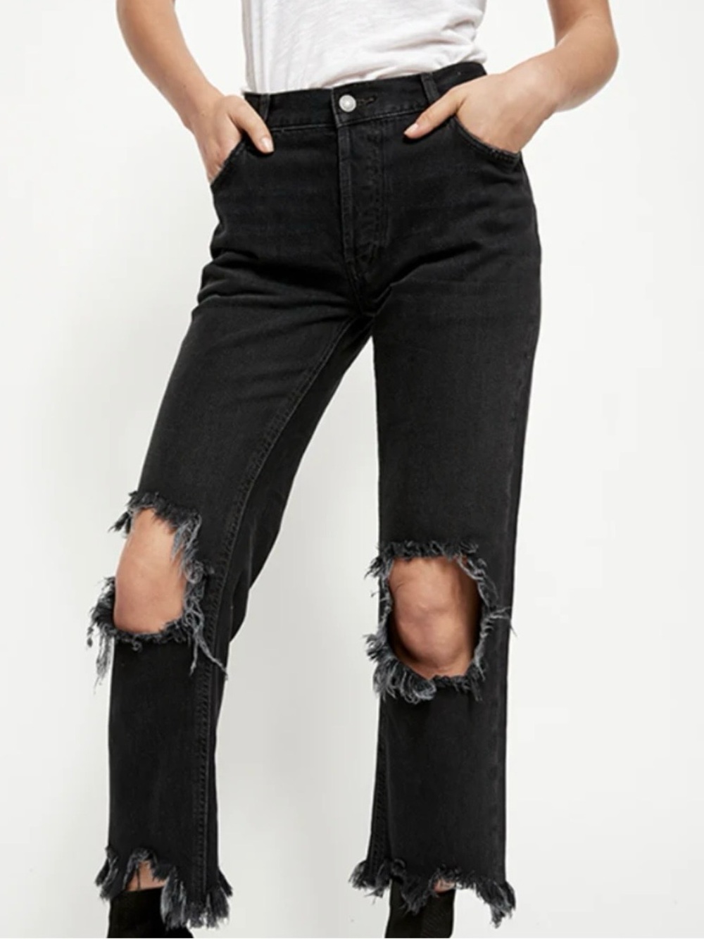 We The Free Black Distressed Straight-Leg Jeans